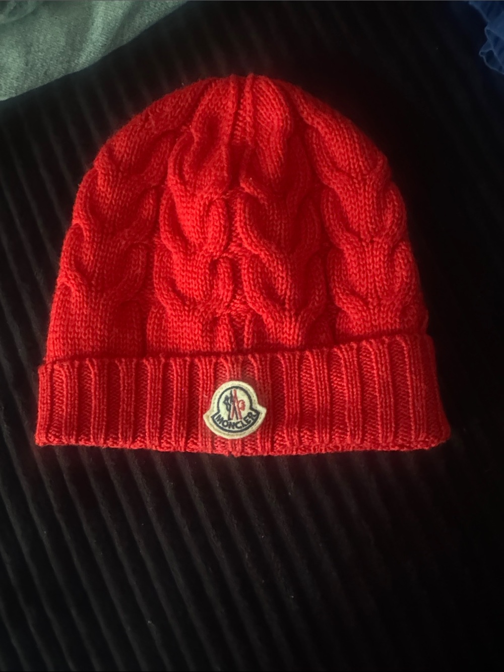 Moncler Red Cable-Knit Beanie with Logo Patch